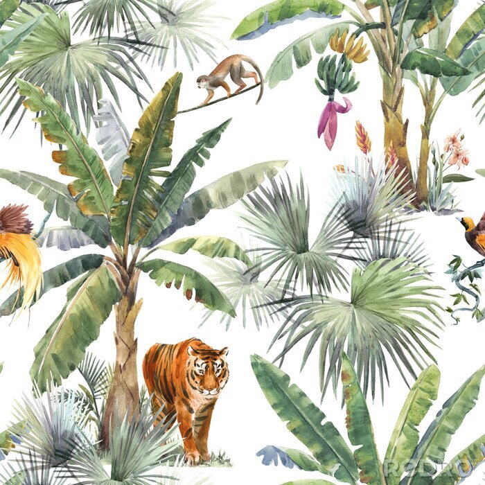 Poster Beautiful seamless pattern with watercolor tropical palms and jungle animals tiger, giraffe, leopard. Stock illustration.