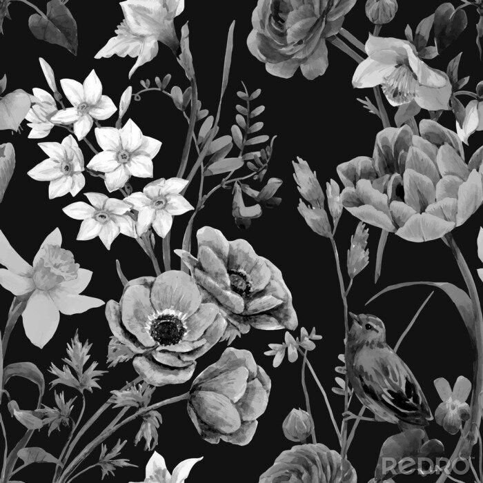 Poster Beautiful vector floral summer seamless pattern with watercolor flowers. Black and white monochrome stock illustration.