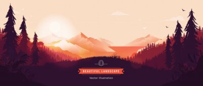 Poster Beautiful vector landscape illustration - Peaceful warm sunrise over mountains, ocean and forest. Travel, hiking, outdoors and adventure concept. Use as background or wallpaper.