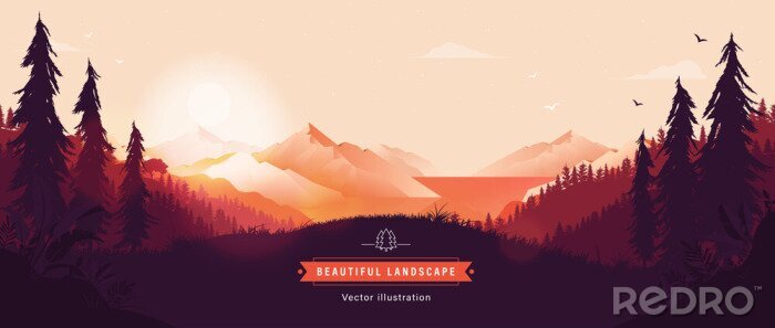 Poster Beautiful vector landscape illustration - Peaceful warm sunrise over mountains, ocean and forest. Travel, hiking, outdoors and adventure concept. Use as background or wallpaper.