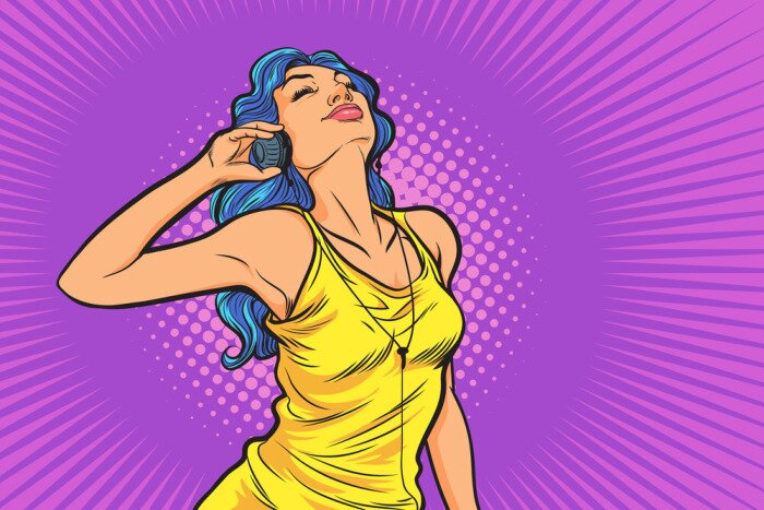 Poster beautiful woman in lifestyle listening to music