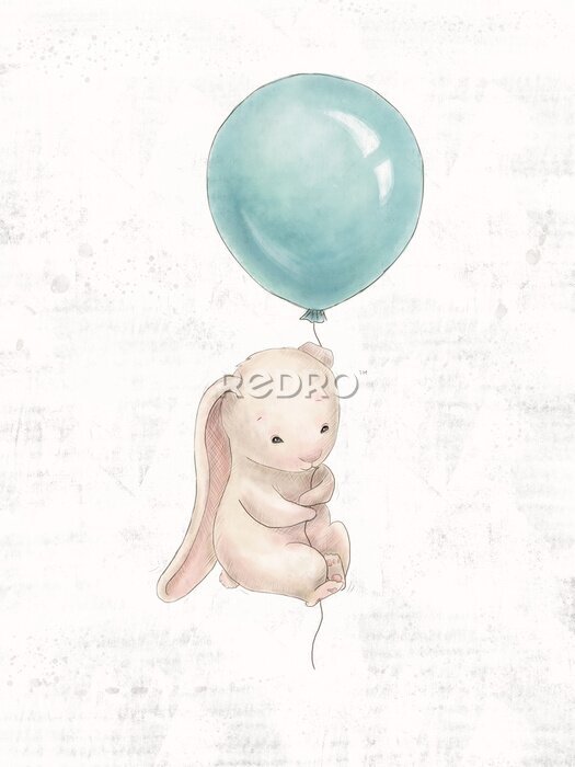 Poster Beige konijntje vliegend op een blauwe ballon