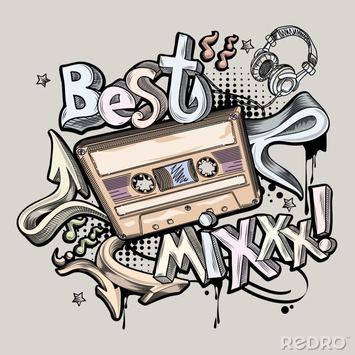 Poster Beste mix - muziekontwerp met audiocassette en graffitipijlen