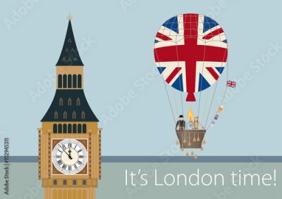 Poster Big Ben en een ballon met de Britse vlag in cartoonstijl.