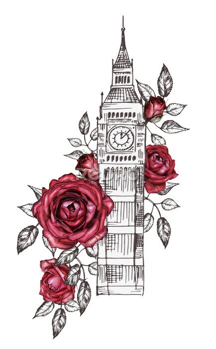 Poster Big Ben verpakt in rozen