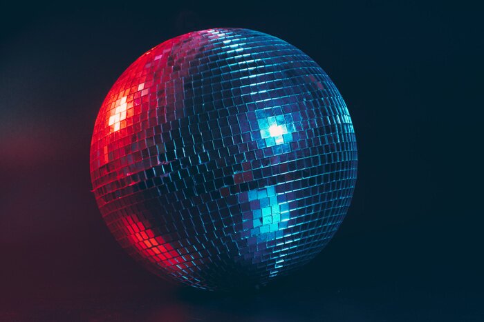Poster Big disco ball close up on dark background