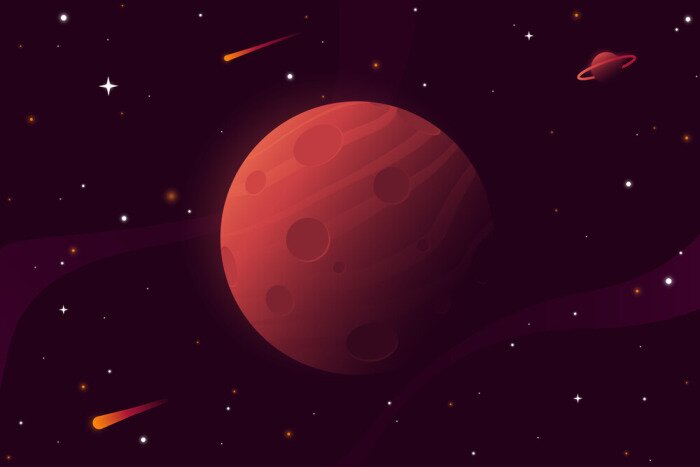 Poster Big red planet with craters. Mars vector illustration. Space background with stars, planet and comets. Decoration for your design. Eps 10.