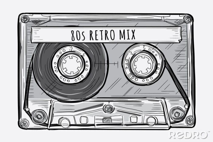 Poster Black and white drawn retro audio cassette
