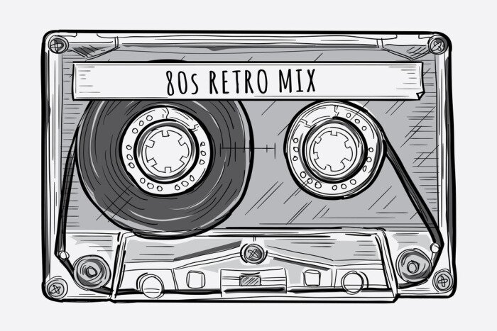 Poster Black and white drawn retro audio cassette