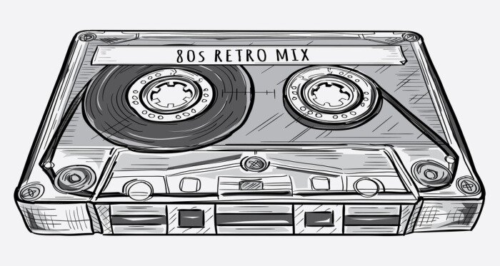 Poster Black and white drawn retro audio cassette