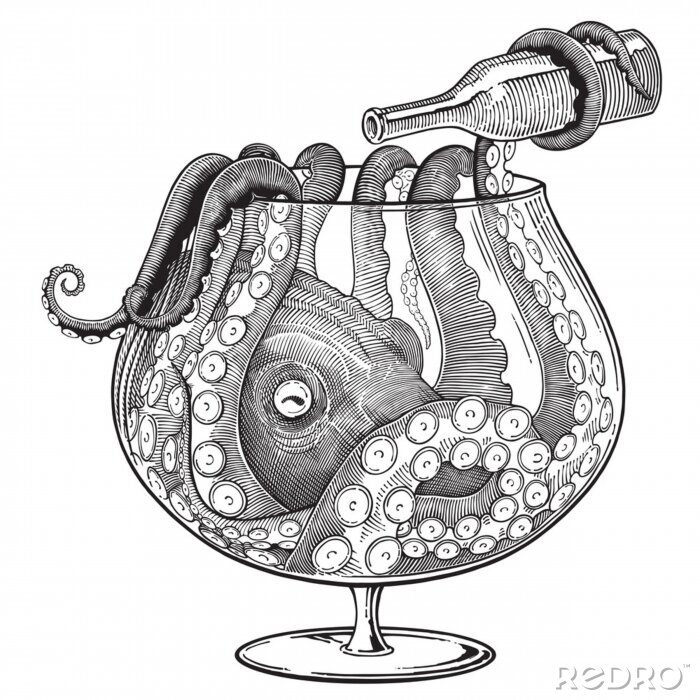 Poster Black and white vector drawing of octopus with bottle sitting in a big glass