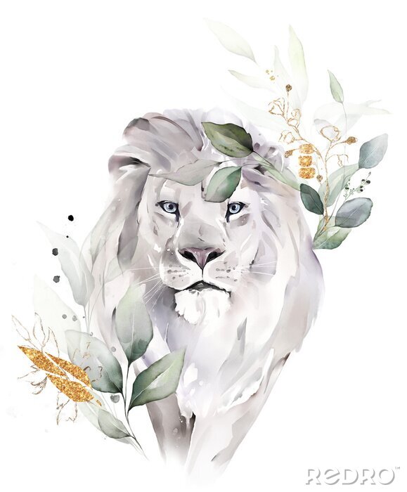 Poster Bladeren rond een aquarel leeuw