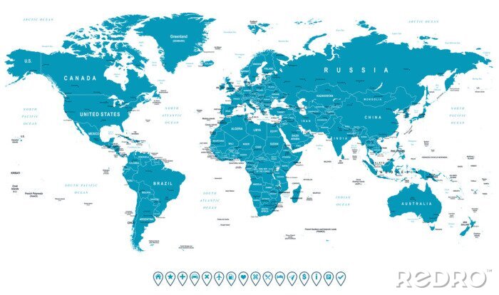 Poster Blauw patroon met wereldkaart