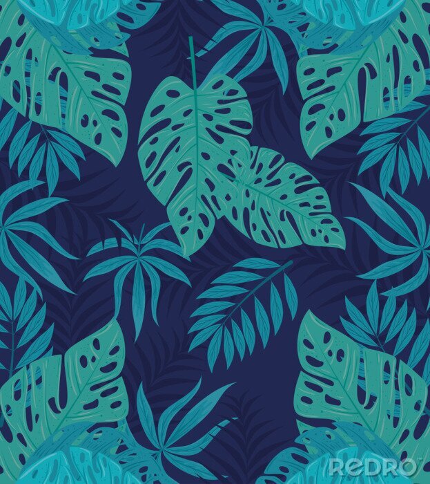 Poster Blauwe bladeren en groen op een donkerblauwe achtergrond