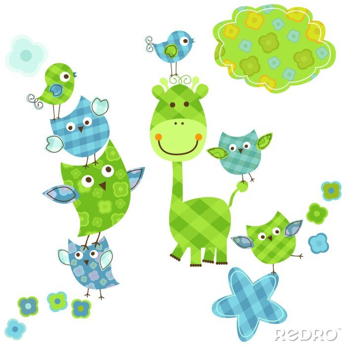 Poster Blauwe en groene vogels en giraffen