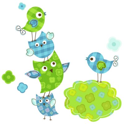 Sticker Blauwe en groene vogels rond een wolk