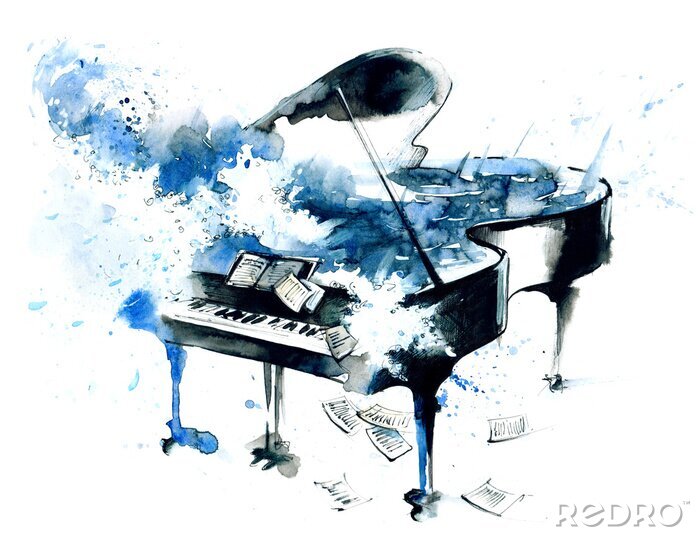 Poster Blauwe piano geschilderd met waterverf