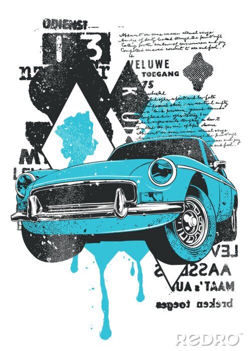 Poster Blauwe retro auto