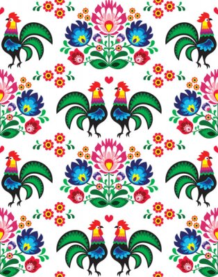 Poster Bloemen en hanen op een witte achtergrond in de stijl van Łowicz.