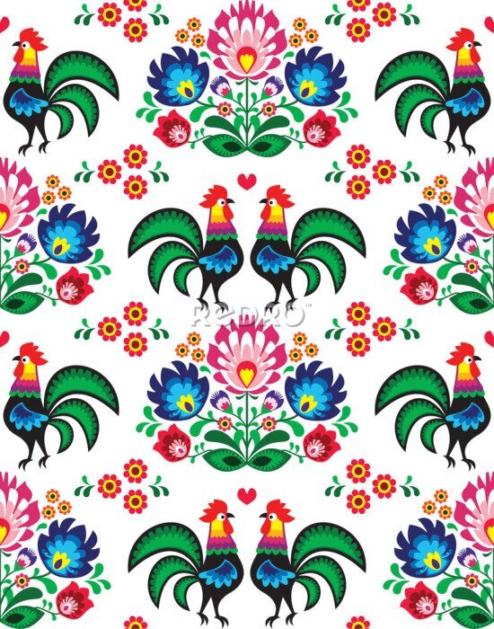 Poster Bloemen en hanen op een witte achtergrond in de stijl van Łowicz.