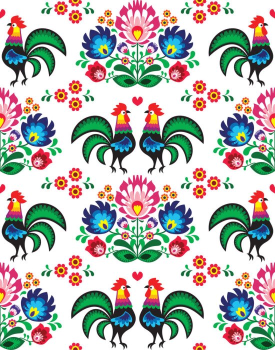 Poster Bloemen en hanen op een witte achtergrond in de stijl van Łowicz.