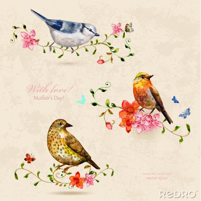 Poster Bloemen en vogels in retrostijl