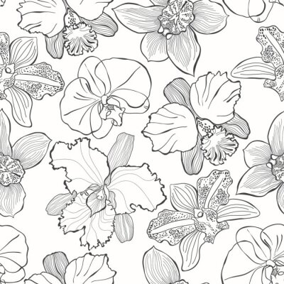 Bloemen naadloos patroon met hand getrokken verschillende orchideeën. Vector zwart-witte illustratie. Contour tekenen.