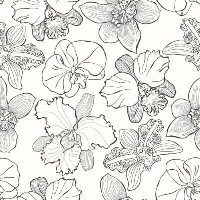 Behang Bloemen naadloos patroon met hand getrokken verschillende orchideeën. Vector zwart-witte illustratie. Contour tekenen.