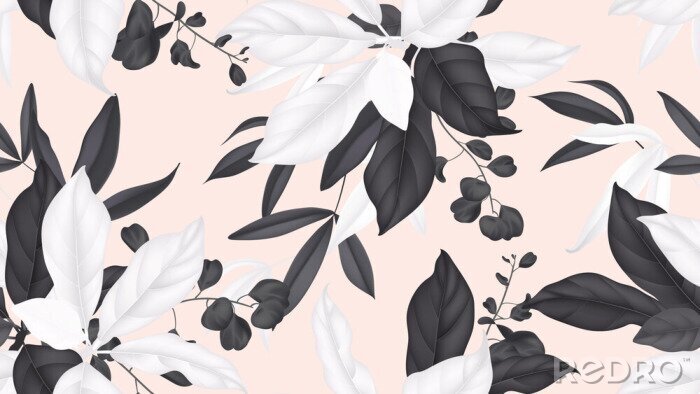 Poster Bloemen naadloos patroon, zwart-witte magnoliabladeren, eucalyptusbladeren op lichtoranje achtergrond