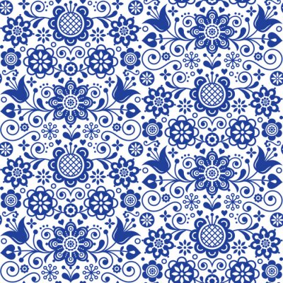 Bloemen naadloos volkskunst vectorpatroon, Skandinavisch marineblauw herhaald ontwerp, Noords ornament met bloemen