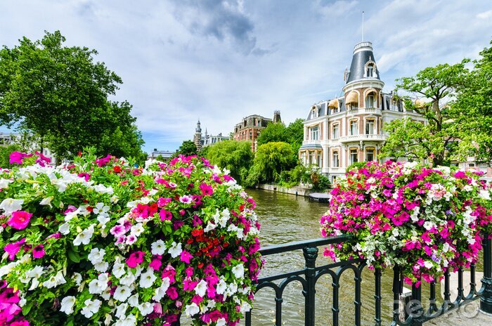 Poster Bloemen op de brug in Amsterdam
