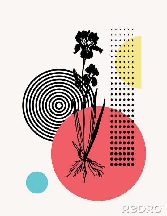 Poster Bloemen op een tak tegen een achtergrond van cirkelvormige patronen