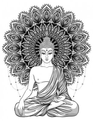 Boeddha zitten over versierde roosbloem. Esoterische vintage vector illustratie. Indisch, Boeddhisme, geestelijke kunst. Hippie tattoo, spiritualiteit, Thaise god, yoga zen