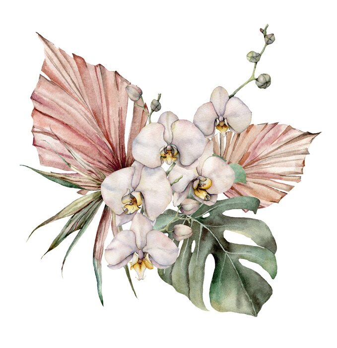 Poster Boeket van orchideeën en kleurrijke bladeren