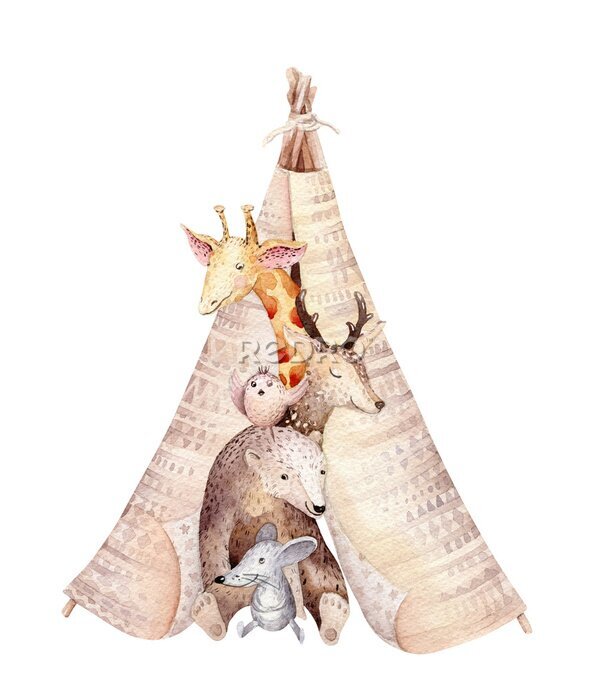Poster Boho-stijl tipi met dieren