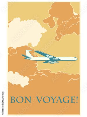Poster Bon Voyage-opschrift en een retro vliegtuigje tussen de wolken