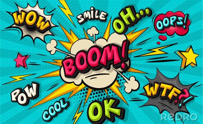 Poster Boom pop art cloud bubble. Smile, wow, pow, cool, ok, oops, wtf funny speech bubble. Trendy Colorful retro vintage background in pop art retro comic style. Illustration easy editable for Your design.