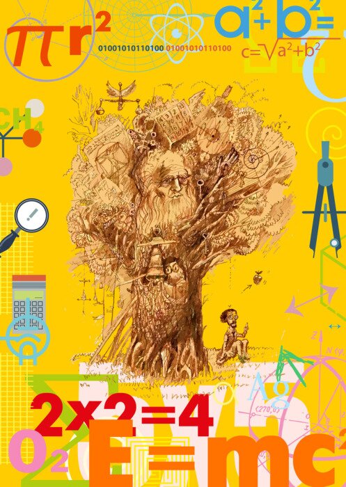 Poster Boom van kennis. Terug naar school. Wetenschapper maakt ontdekking. Achtergrondmalplaatje van wetenschappelijke formules. Wiskunde, natuurkunde, scheikunde. Concept vectorillustratie