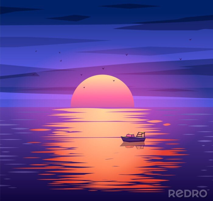 Poster Boot tegen een achtergrond van de ondergaande zon