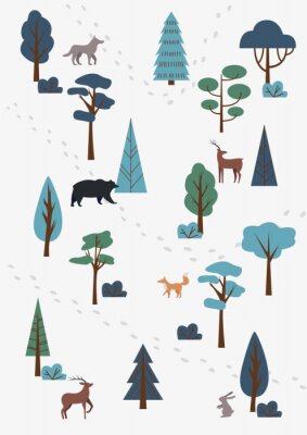 Poster Bos met afbeeldingen van dieren in gedempte kleuren