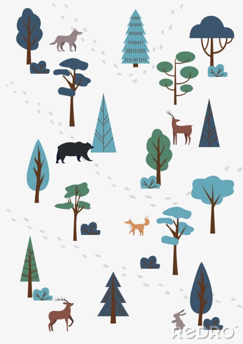 Poster Bos met afbeeldingen van dieren in gedempte kleuren