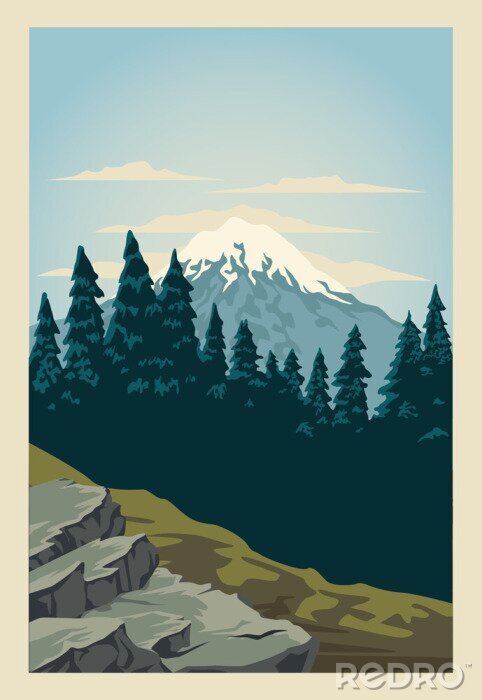 Poster Bos van naaldbomen met berg op de achtergrond