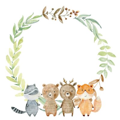 Poster Bosdieren op de achtergrond van een krans van bladeren