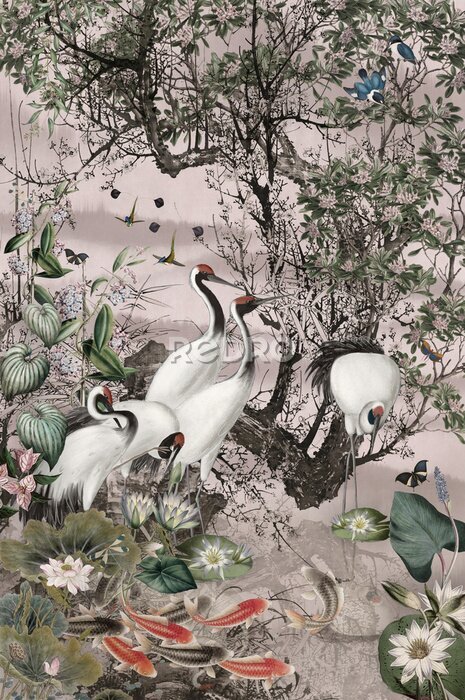 Poster Bosje in Chinoiserie-stijl met vogels