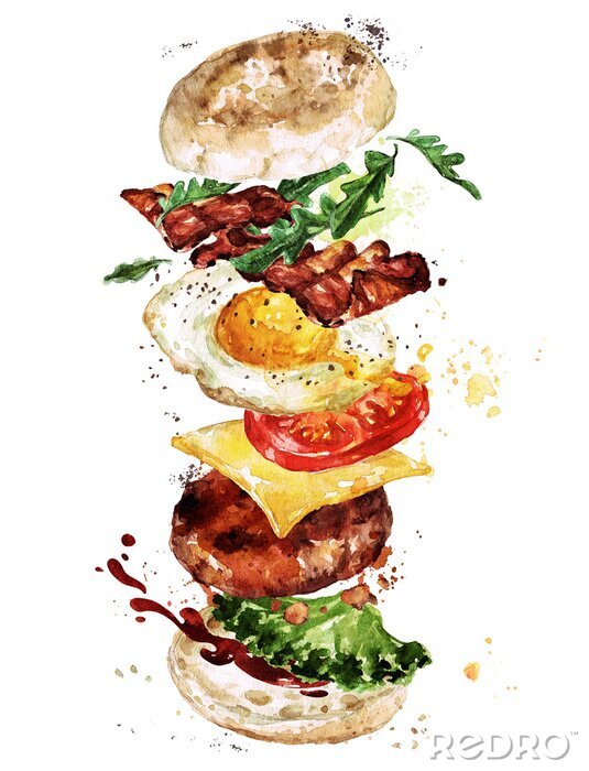 Poster Breakfast burger. Watercolor Illustration.