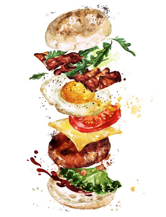 Poster Breakfast burger. Watercolor Illustration.