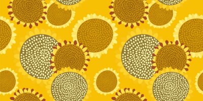Behang Bright seamless pattern with sunflowers on a rich yellow background. Abstract floral print in hand-drawn style. Excellent design for fabrics, Wallpaper, sunflower oil packaging, health food...Vector.