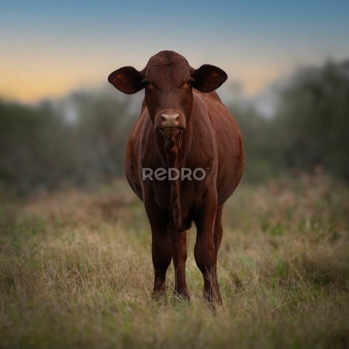 Poster Bruine koe in een veld