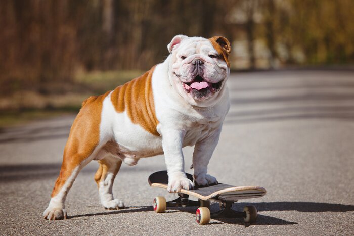 Poster Buldoghond op een skateboard