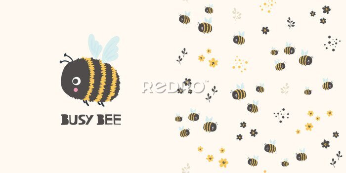 Poster Busy bee. Cartoon seamless pattern and surface design